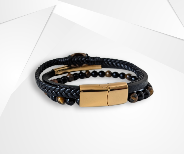 NFC Coconut Shell, Leather & Tiger Eye Bead Bracelet – Stainless Steel Edition - Image 3
