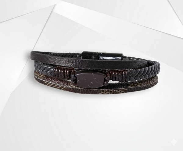 NFC Coconut Shell & Dual-Layer Leather Bracelet – Titanium Steel Edition (Dark Brown)