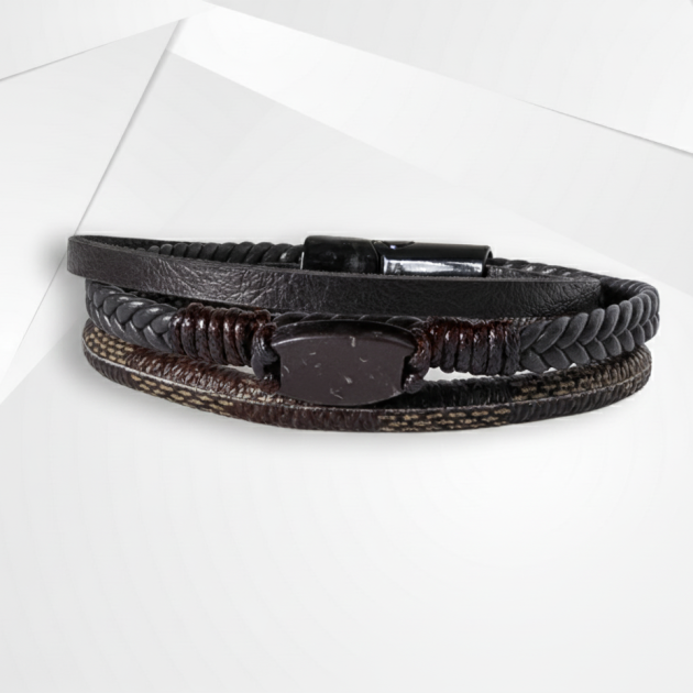 NFC Coconut Shell & Dual-Layer Leather Bracelet – Titanium Steel Edition (Dark Brown)