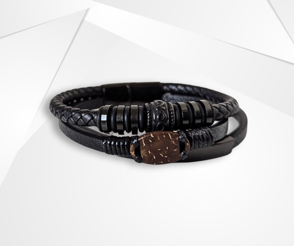 NFC Coconut Shell & Genuine Leather Bracelet – Stainless Steel Edition