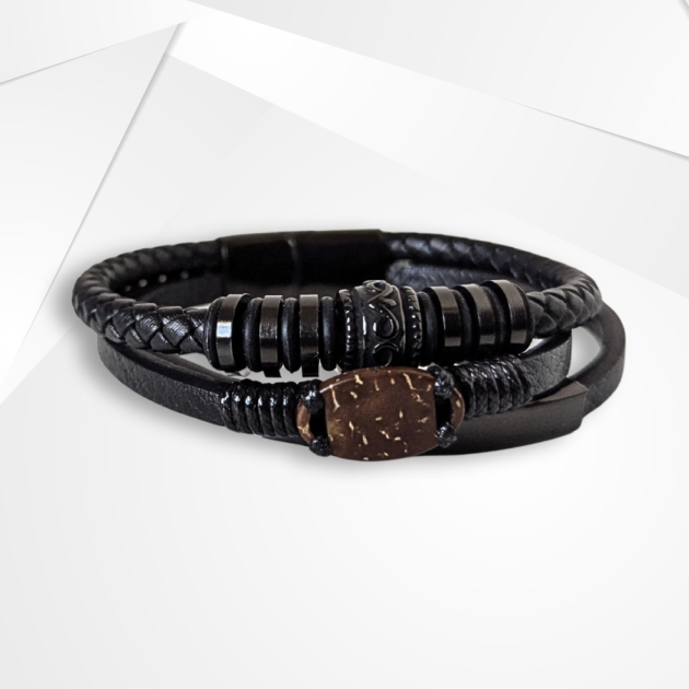NFC Coconut Shell & Genuine Leather Bracelet – Stainless Steel Edition