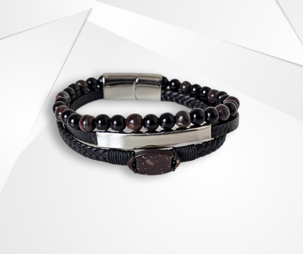 NFC Coconut Shell, Leather & Tiger Eye Bead Bracelet – Stainless Steel Edition