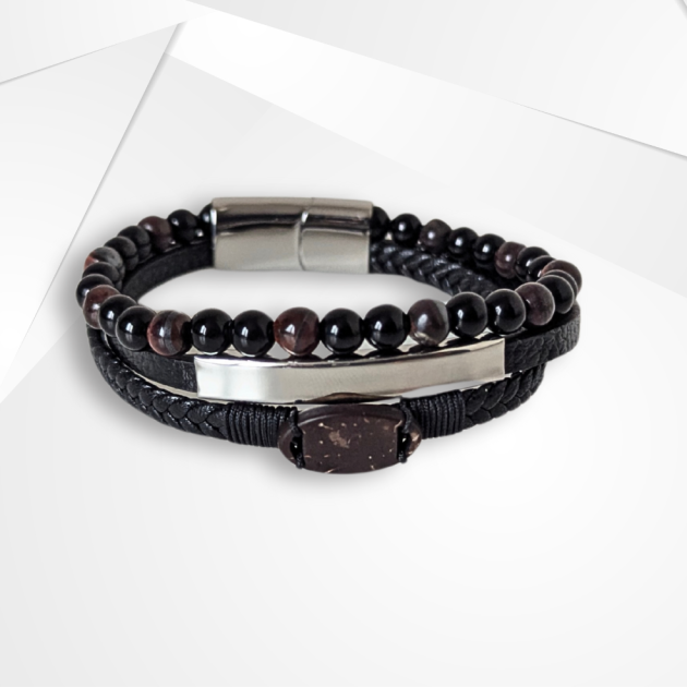 NFC Coconut Shell, Leather & Tiger Eye Bead Bracelet – Stainless Steel Edition