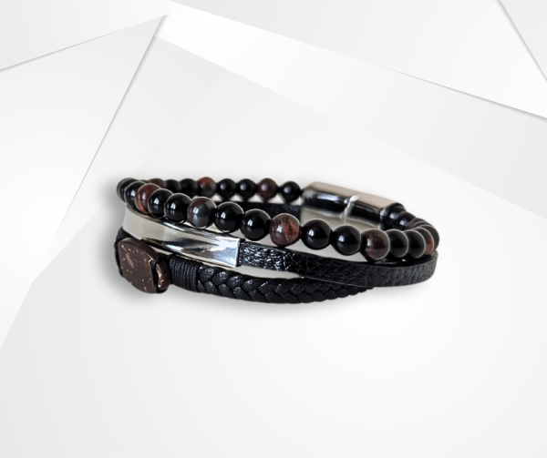 NFC Coconut Shell, Leather & Tiger Eye Bead Bracelet – Stainless Steel Edition - Image 2
