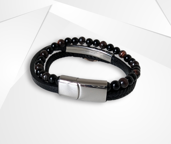 NFC Coconut Shell, Leather & Tiger Eye Bead Bracelet – Stainless Steel Edition - Image 3