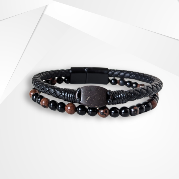 NFC Coconut Shell, Leather & Tiger Eye Bead Bracelet – Alloy Edition