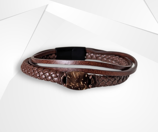 NFC Coconut Shell & PU Leather Bracelet – UV-Plated Edition (Brown)