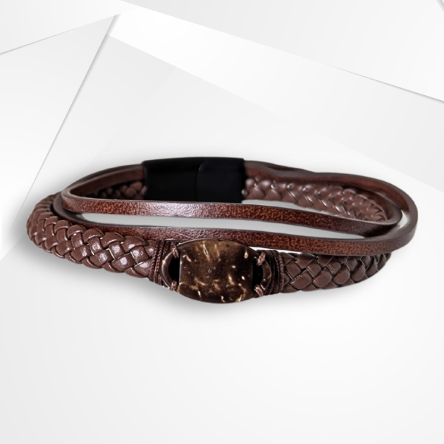 NFC Coconut Shell & PU Leather Bracelet – UV-Plated Edition (Brown)