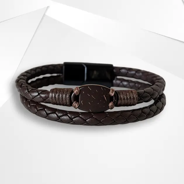 NFC Coconut Shell & PU Leather Bracelet – Stainless Steel Edition