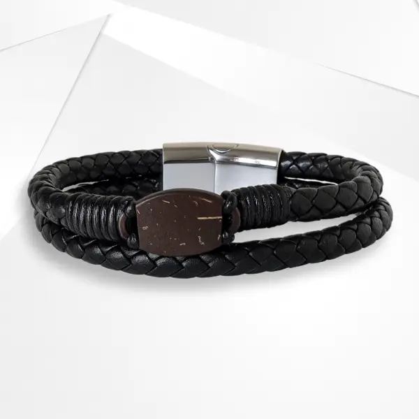 NFC Coconut Shell & PU Leather Bracelet – Stainless Steel Edition