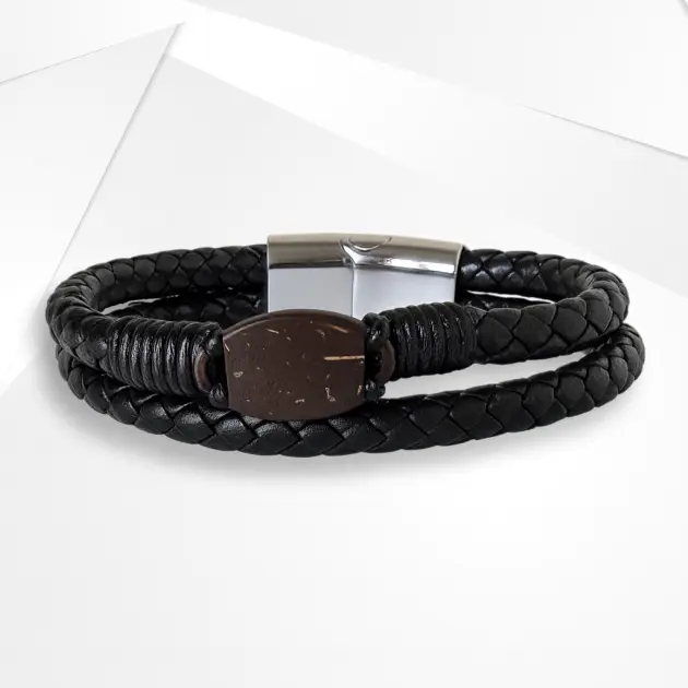 NFC Coconut Shell & PU Leather Bracelet – Stainless Steel Edition