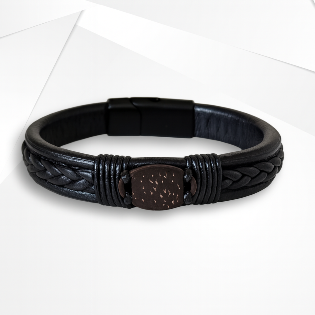 NFC Coconut Shell & PU Leather Bracelet – Classic Alloy Edition